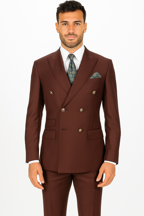 Mens Designer Double Breasted Wool Suit with Gold Buttons in Navy - New Arrival