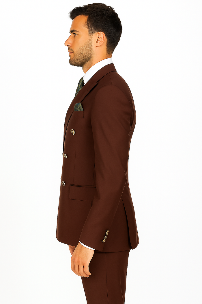 Mens Designer Double Breasted Wool Suit with Gold Buttons in Navy - New Arrival
