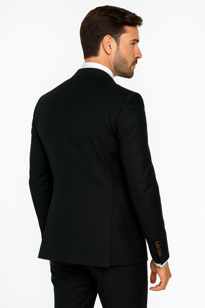 Mens Designer Double Breasted Wool Suit with Gold Buttons in Navy - New Arrival