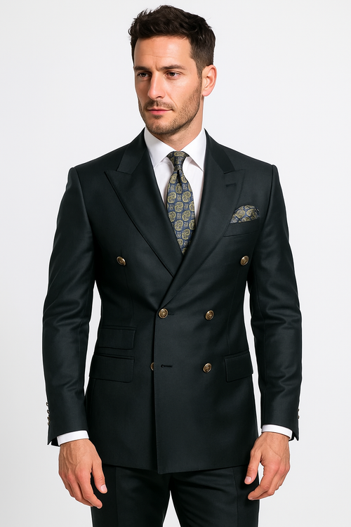 Mens Designer Double Breasted Wool Suit with Gold Buttons in Navy - New Arrival
