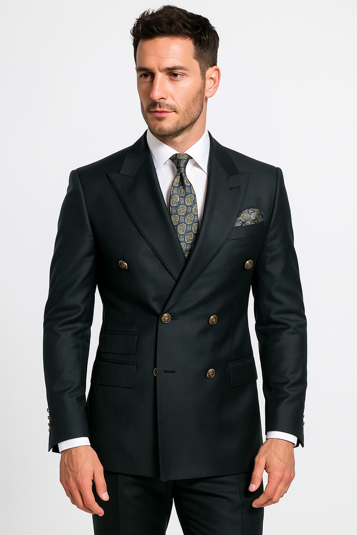 Mens Designer Double Breasted Wool Suit with Gold Buttons in Navy - New Arrival