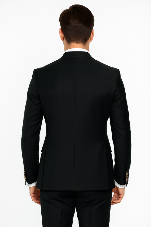 Mens Designer Double Breasted Wool Suit with Gold Buttons in Navy - New Arrival