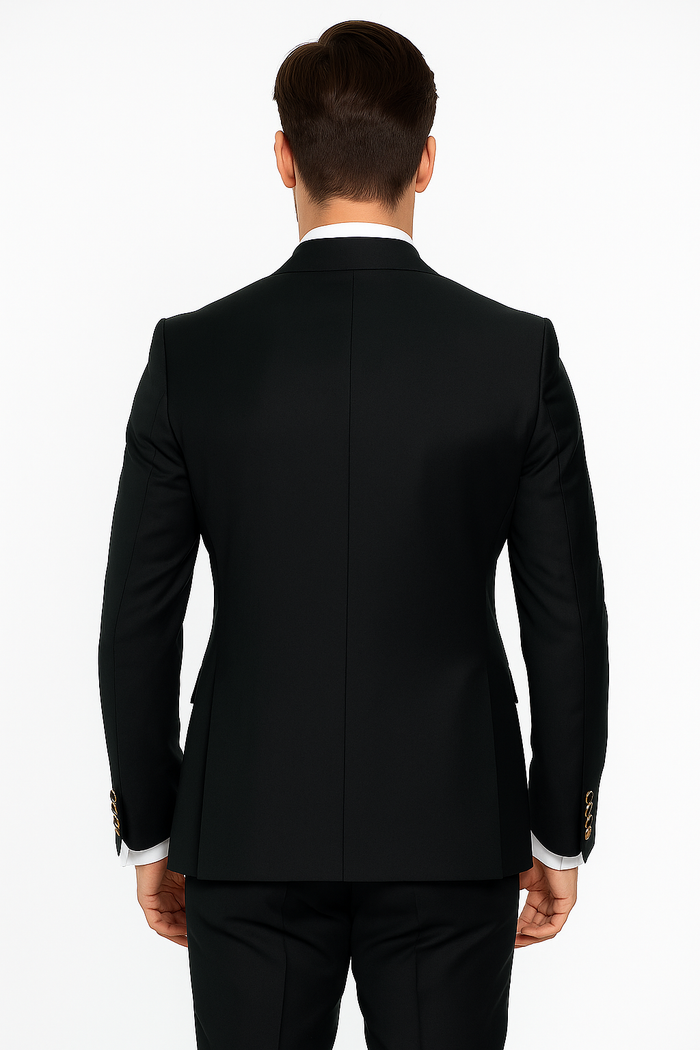 Mens Designer Double Breasted Wool Suit with Gold Buttons in Navy - New Arrival