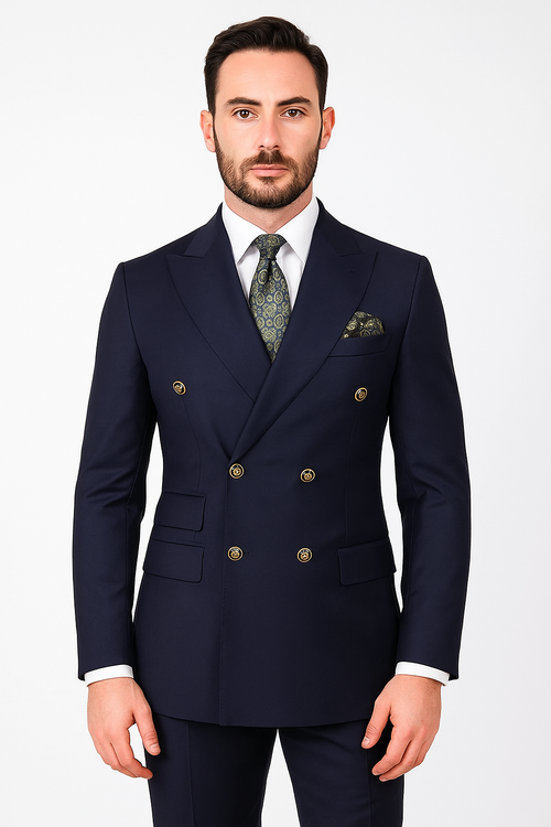 Mens Designer Double Breasted Wool Suit with Gold Buttons in Navy - New Arrival