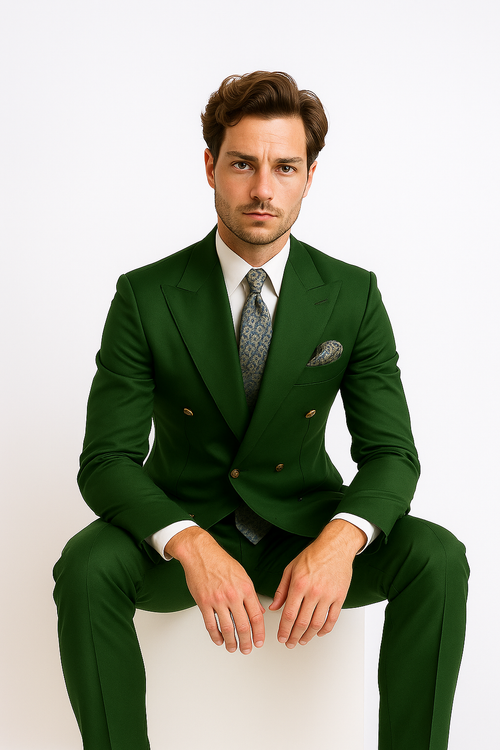 Mens Designer Double Breasted Wool Suit with Gold Buttons in Navy - New Arrival