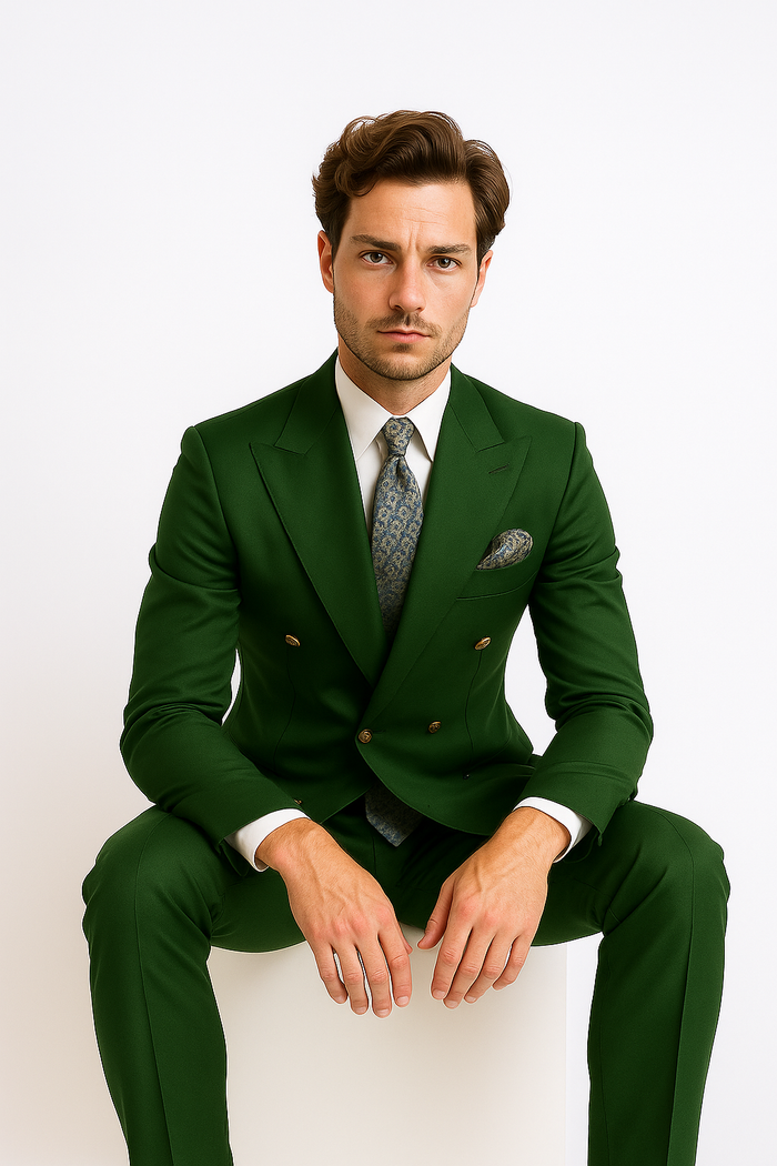 Mens Designer Double Breasted Wool Suit with Gold Buttons in Navy - New Arrival