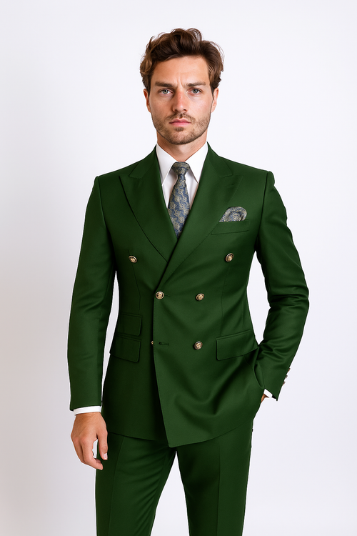 Mens Designer Double Breasted Wool Suit with Gold Buttons in Navy - New Arrival