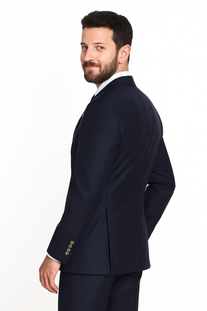 Mens Designer Double Breasted Wool Suit with Gold Buttons in Navy - New Arrival
