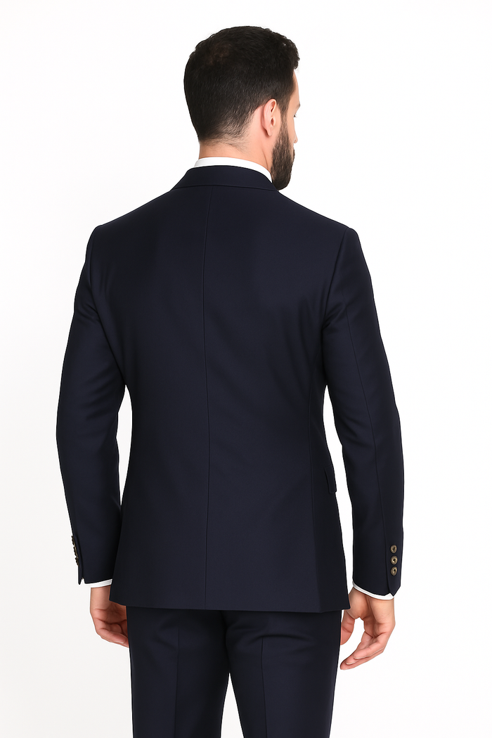 Mens Designer Double Breasted Wool Suit with Gold Buttons in Navy - New Arrival
