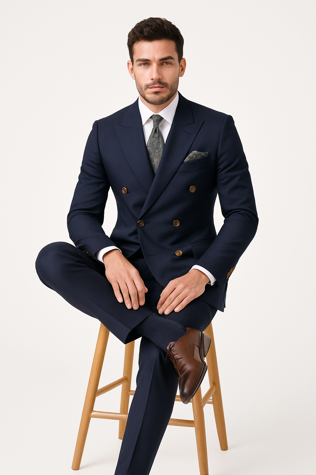 Mens Designer Double Breasted Wool Suit with Gold Buttons in Navy - New Arrival - 38 Short Jacket+32 Waist Adjustable 28to34)(Height: 5 4 to5 7 )(Neck  15-16.5)S-M)