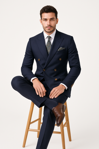 Mens Designer Double Breasted Wool Suit with Gold Buttons in Navy - New Arrival
