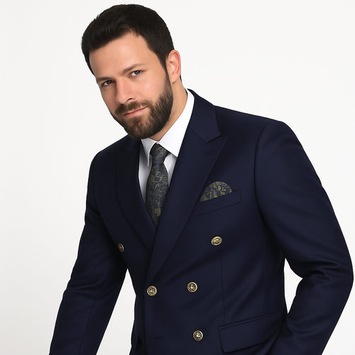 Mens Designer Double Breasted Wool Suit with Gold Buttons in Navy - New Arrival