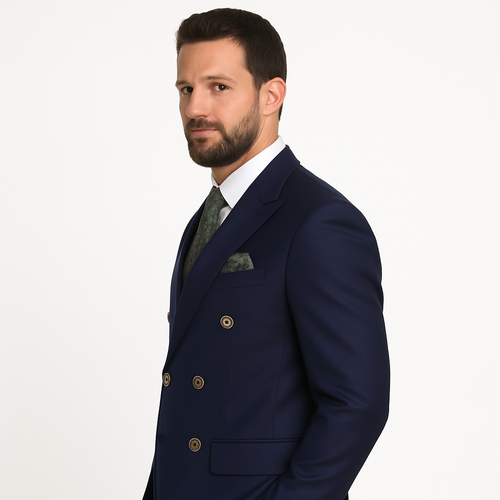 Mens Designer Double Breasted Wool Suit with Gold Buttons in Navy - New Arrival
