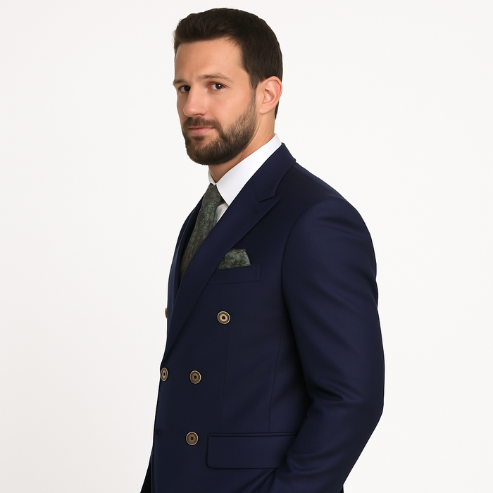 Mens Designer Double Breasted Wool Suit with Gold Buttons in Navy - New Arrival