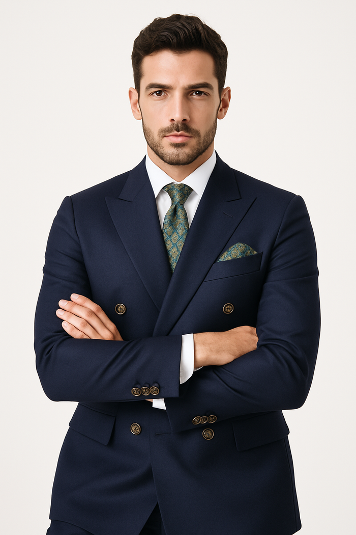 Mens Designer Double Breasted Wool Suit with Gold Buttons in Navy - New Arrival