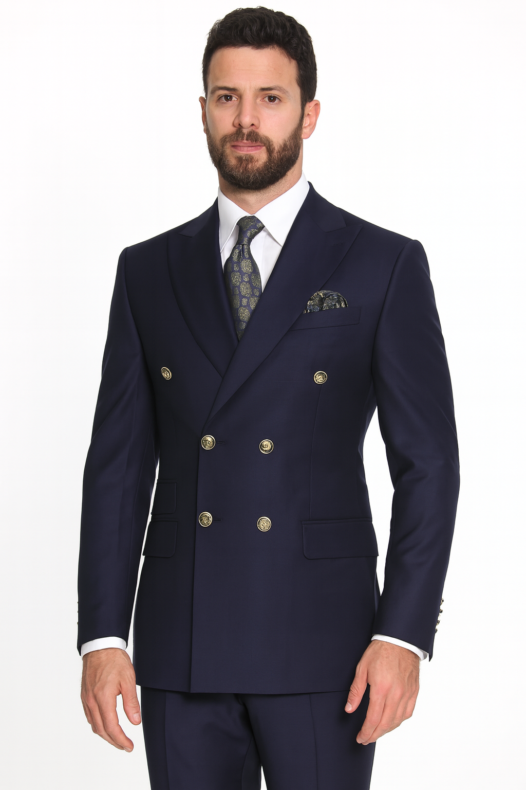 Mens Designer Double Breasted Wool Suit with Gold Buttons in Navy - New Arrival - 38 Short Jacket+32 Waist Adjustable 28to34)(Height: 5 4 to5 7 )(Neck  15-16.5)S-M)