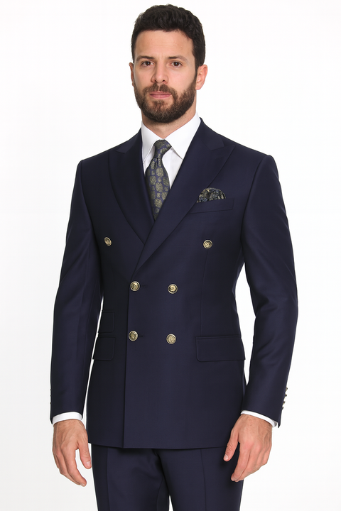 Mens Designer Double Breasted Wool Suit with Gold Buttons in Navy - New Arrival