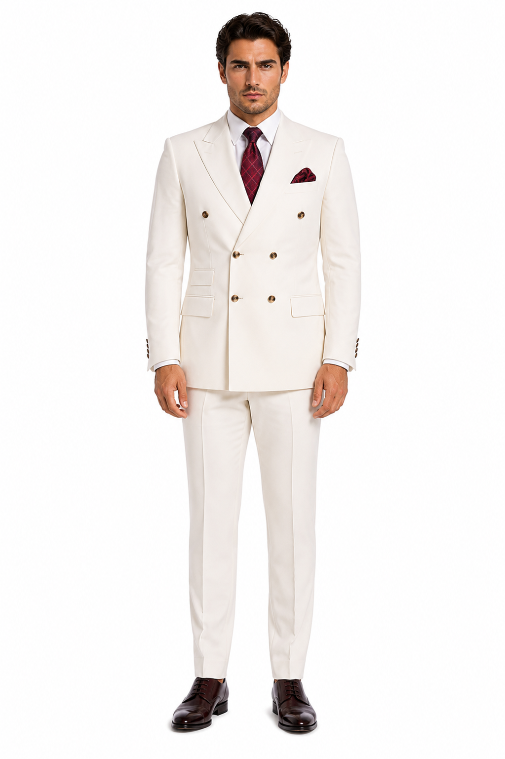Mens Designer Modern Fit Double Breasted Wool Suit with Gold Buttons in Off White Ivory Cream - New Arrival - 42 Short Jacket+36 Waist Adjust 32to38)(Height: 5 4 to5 7 )(Neck  16-17.5:L)