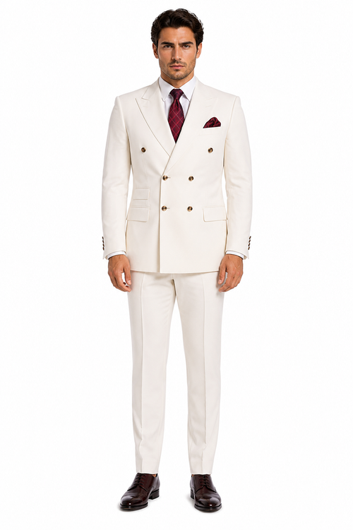 Mens Designer Modern Fit Double Breasted Wool Suit with Gold Buttons in Off White Ivory Cream - New Arrival