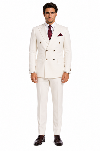Mens Designer Modern Fit Double Breasted Wool Suit with Gold Buttons in Off White Ivory Cream - New Arrival