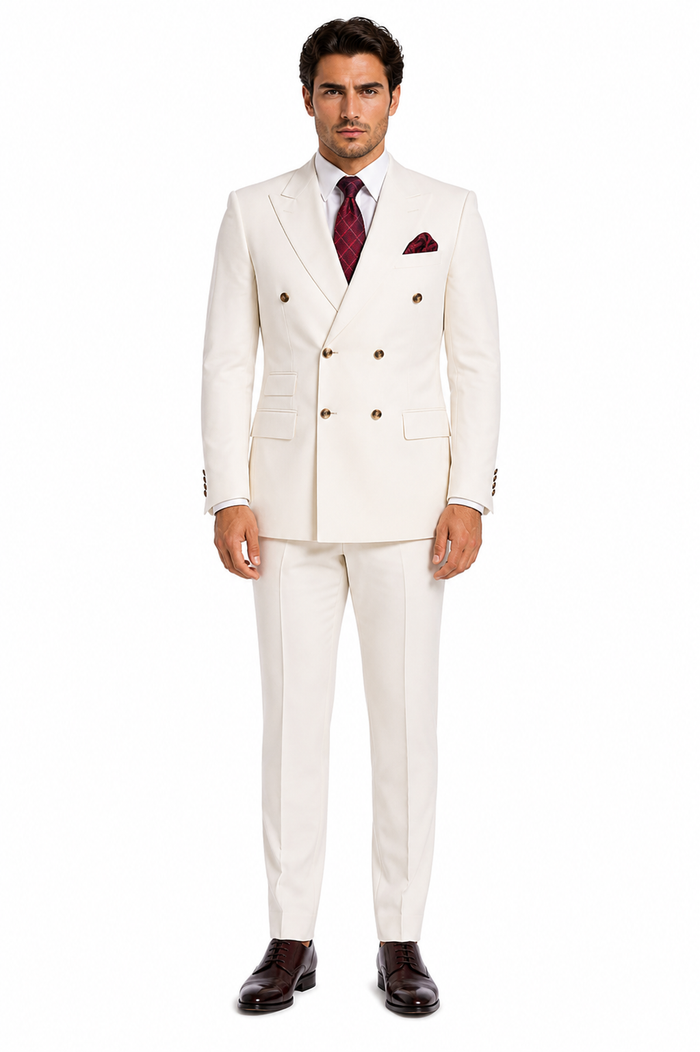 Mens Designer Modern Fit Double Breasted Wool Suit with Gold Buttons in Off White Ivory Cream - New Arrival
