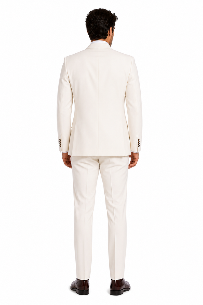 Mens Designer Modern Fit Double Breasted Wool Suit with Gold Buttons in Off White Ivory Cream - New Arrival