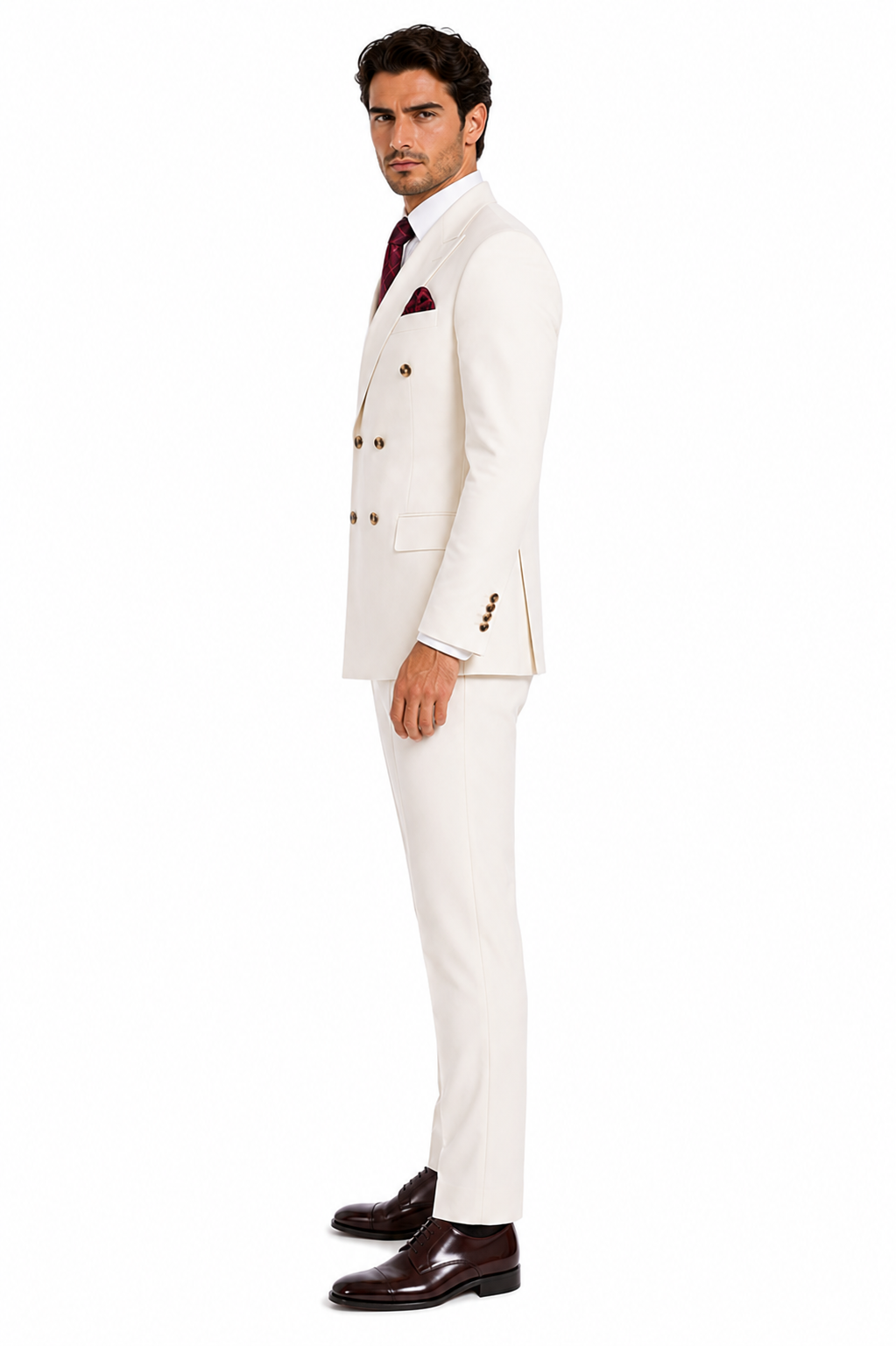 Mens Designer Modern Fit Double Breasted Wool Suit with Gold Buttons in Off White Ivory Cream - New Arrival