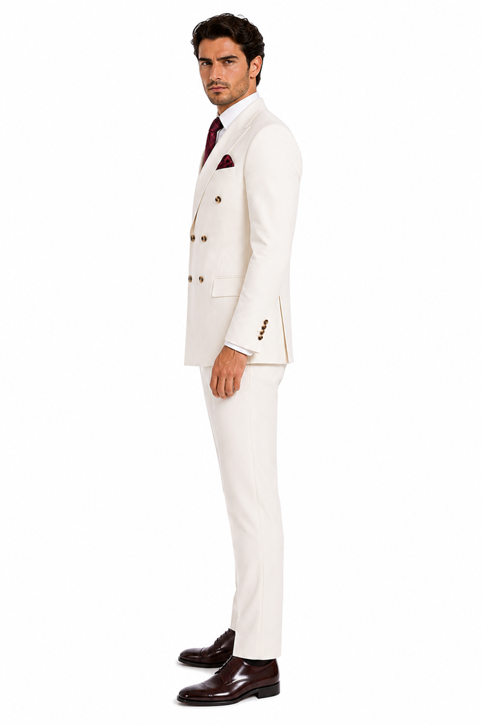 Mens Designer Modern Fit Double Breasted Wool Suit with Gold Buttons in Off White Ivory Cream - New Arrival