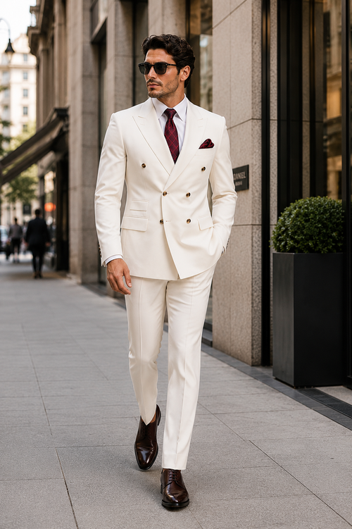 Mens Designer Modern Fit Double Breasted Wool Suit with Gold Buttons in Off White Ivory Cream - New Arrival