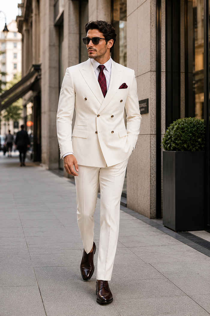 Mens Designer Modern Fit Double Breasted Wool Suit with Gold Buttons in Off White Ivory Cream - New Arrival