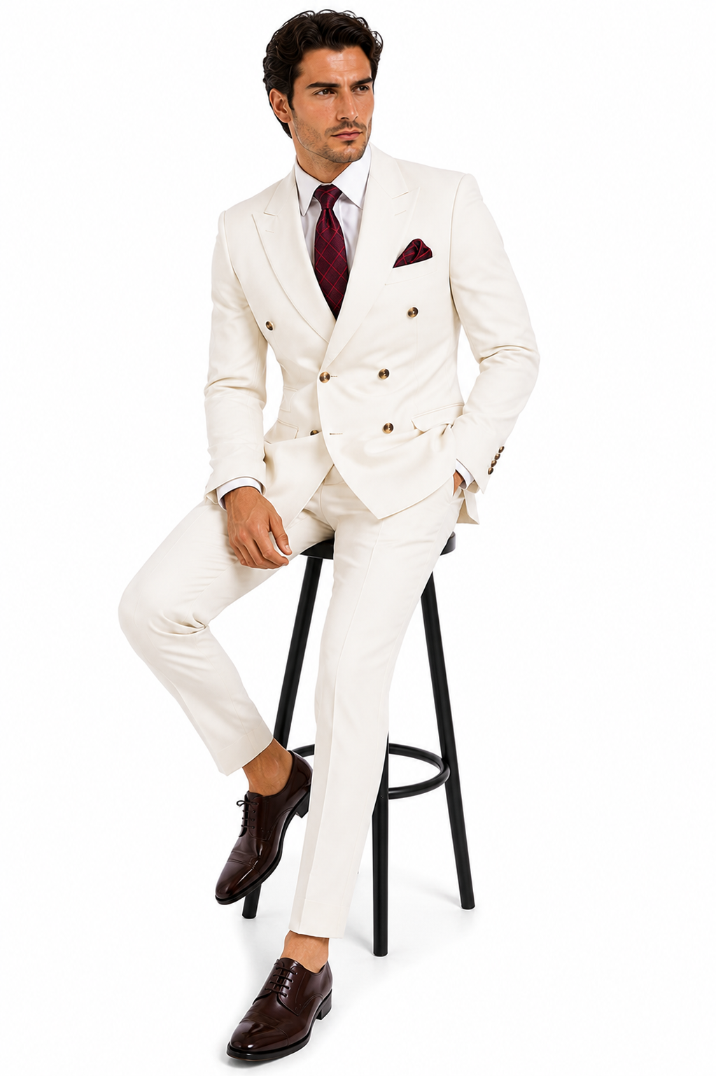 Mens Designer Modern Fit Double Breasted Wool Suit with Gold Buttons in Off White Ivory Cream - New Arrival