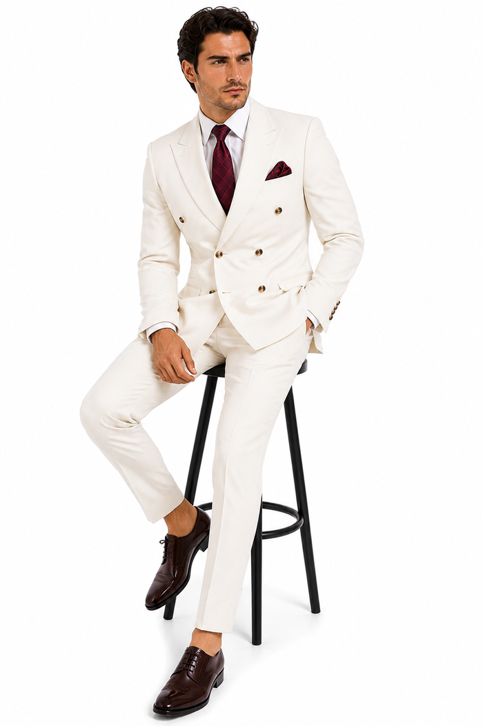 Mens Designer Modern Fit Double Breasted Wool Suit with Gold Buttons in Off White Ivory Cream - New Arrival