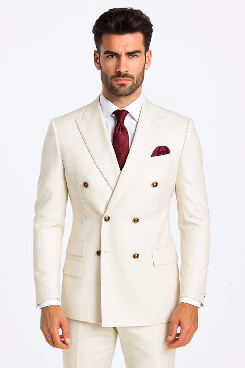 Mens Designer Modern Fit Double Breasted Wool Suit with Gold Buttons in White - New Arrival