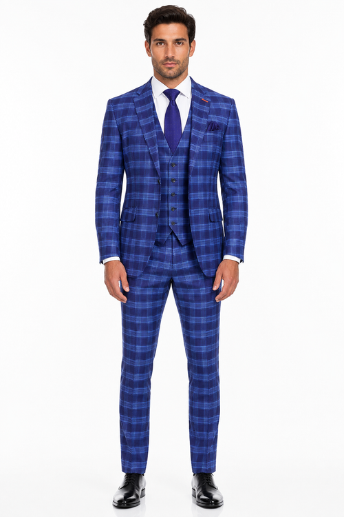 Men's Designer Two Button Modern Fit Vested Wool Suit in Indigo Blue Glen Plaid