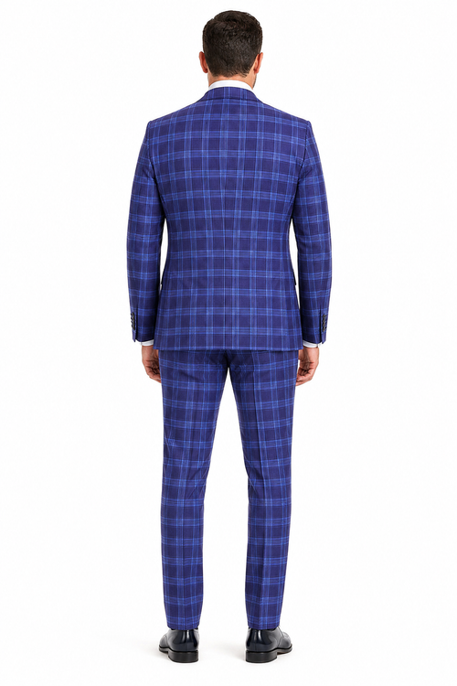 Men's Designer Two Button Modern Fit Vested Wool Suit in Indigo Blue Glen Plaid