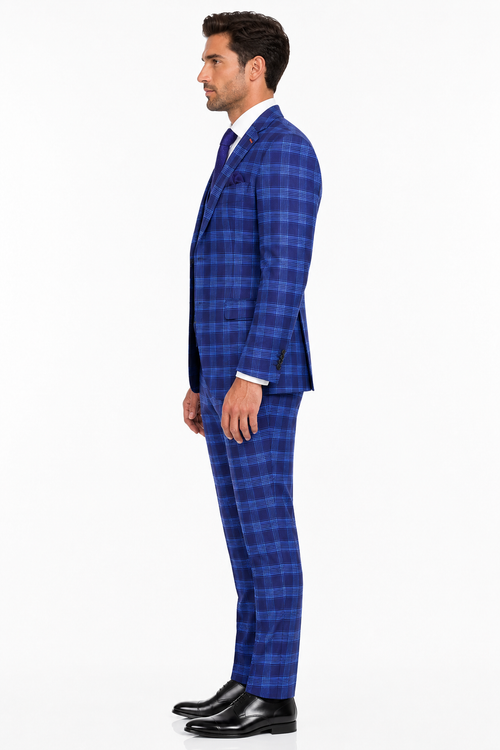 Men's Designer Two Button Modern Fit Vested Wool Suit in Indigo Blue Glen Plaid