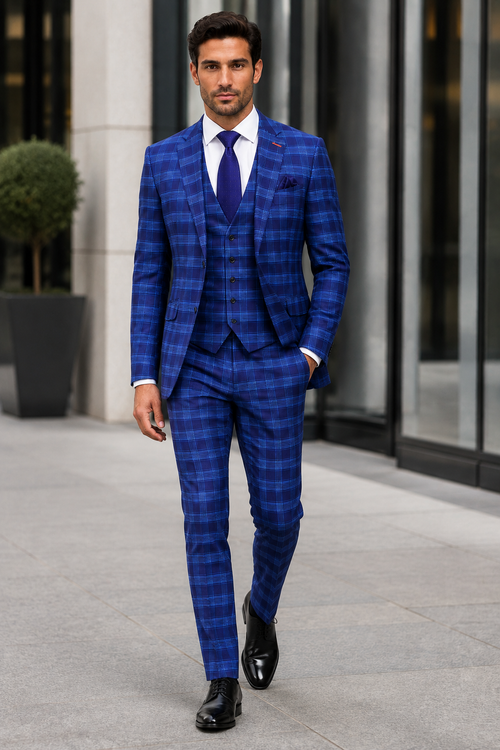 Men's Designer Two Button Modern Fit Vested Wool Suit in Indigo Blue Glen Plaid
