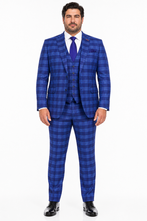 Men's Designer Two Button Modern Fit Vested Wool Suit in Indigo Blue Glen Plaid