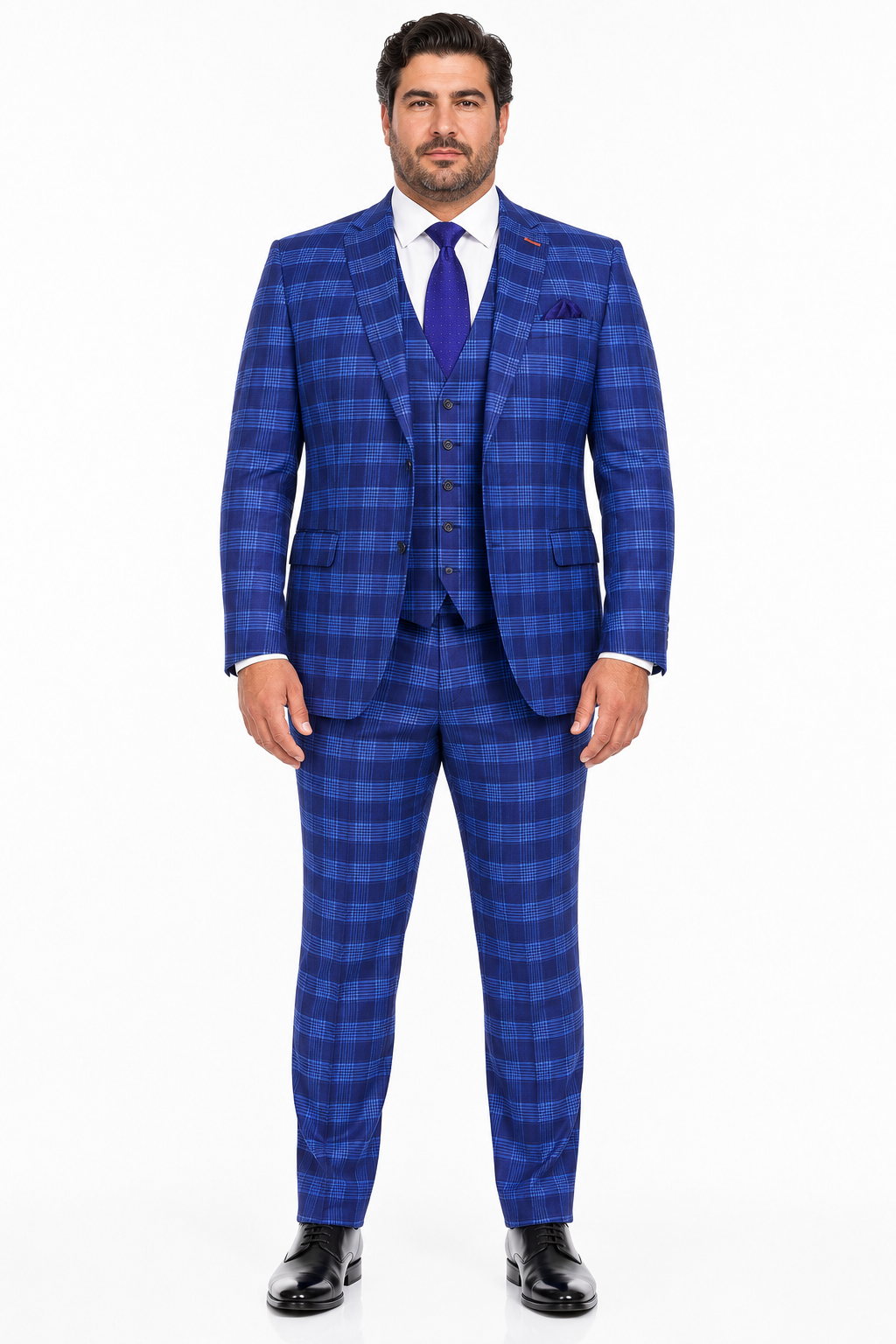 Men's Designer Two Button Modern Fit Vested Wool Suit in Indigo Blue Glen Plaid