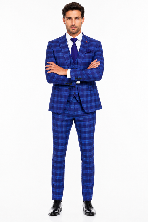 Men's Designer Two Button Modern Fit Vested Wool Suit in Indigo Blue Glen Plaid