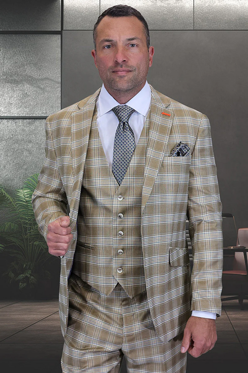 Marc Darcy Wedding Suits Men's Designer Two Button Modern Fit Vested Wool Suit in Tan Glen Plaid