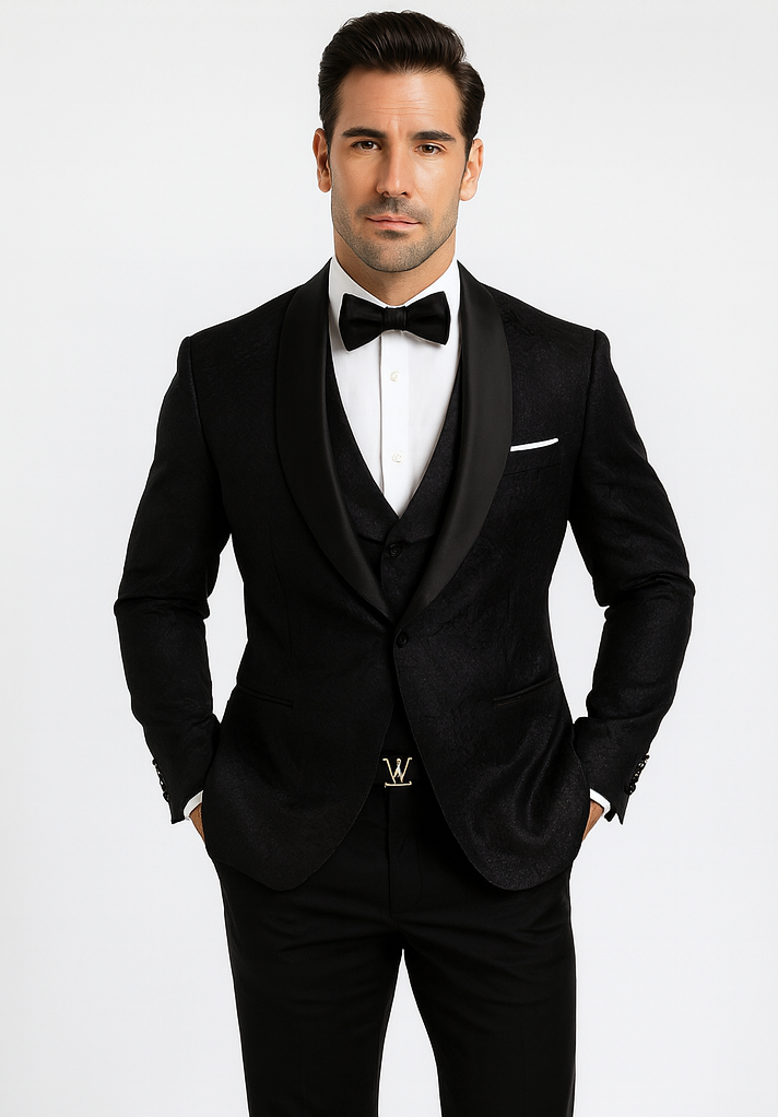 Premium Black Floral Lace Tuxedo for Grooms – Men's Designer Wedding Outfit - 34 Short or Extra Small