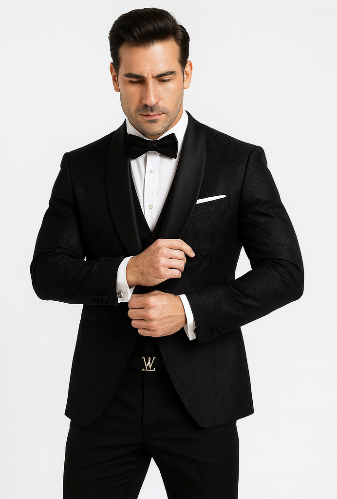 Premium Black Floral Lace Tuxedo for Grooms – Men's Designer Wedding Outfit - 34 Short or Extra Small