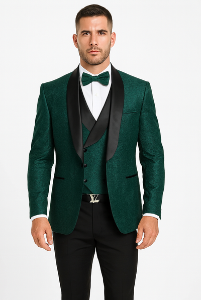Luxury Floral Lace Wedding Tuxedo in Hunter Green Mens Vested Suit