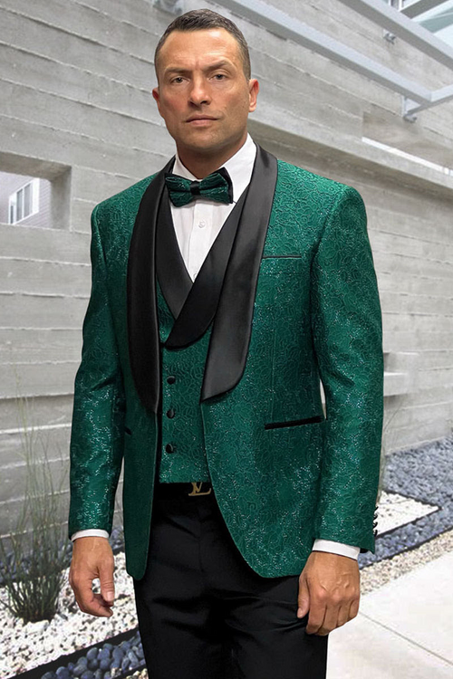 Luxury Floral Lace Wedding Tuxedo in Hunter Green Mens Vested Suit
