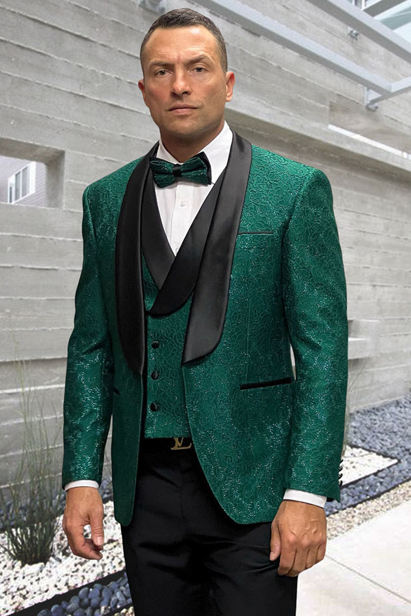 Luxury Floral Lace Wedding Tuxedo in Hunter Green – Men’s Vested Suit - 34 Short or Extra Small