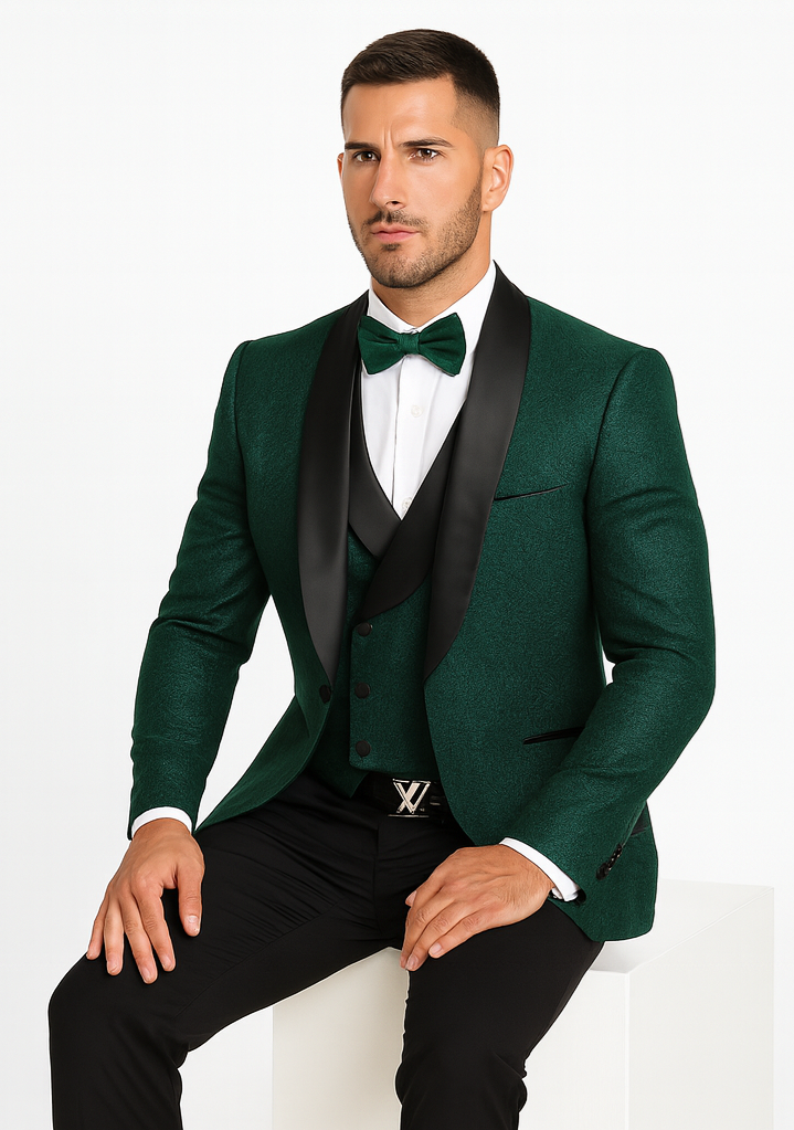 Luxury Floral Lace Wedding Tuxedo in Hunter Green – Men’s Vested Suit - 34 Short or Extra Small