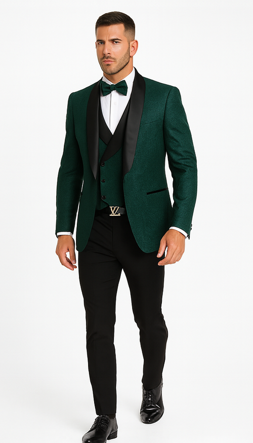 Luxury Floral Lace Wedding Tuxedo in Hunter Green Mens Vested Suit