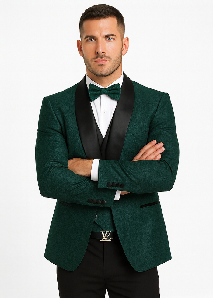 Luxury Floral Lace Wedding Tuxedo in Hunter Green Mens Vested Suit