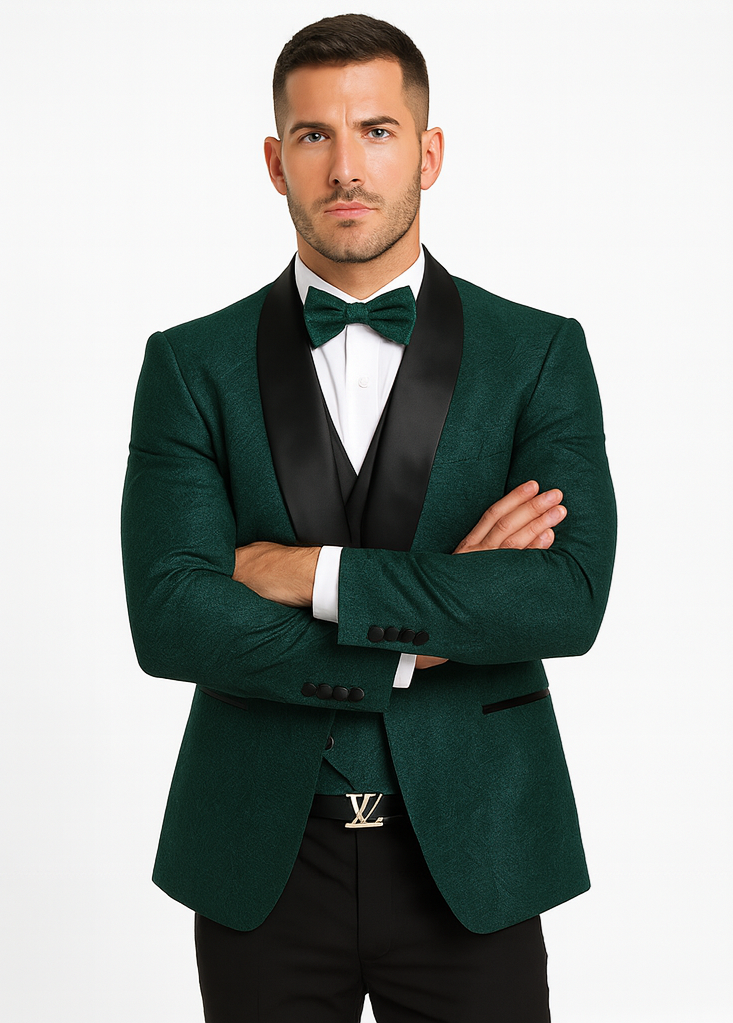 Luxury Floral Lace Wedding Tuxedo in Hunter Green – Men’s Vested Suit - 34 Short or Extra Small